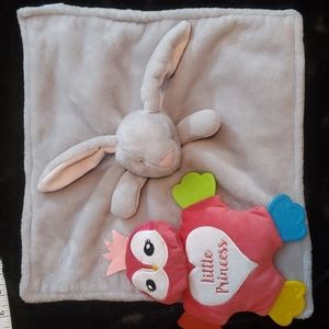 BUNDLE-Gray Bunny Security Blanket+HTF 10" Little Princess Plush Owl Teether